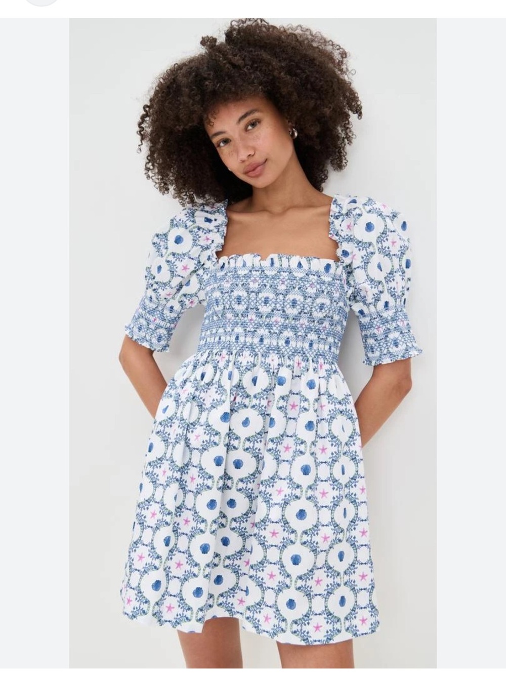 S Blue and White Smocked Puff-Sleeve Mini Dress